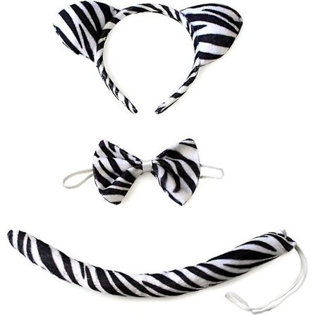 Zebra-korvat, solmio ja häntä - 3 osainen eläinpukusetti juhliin ja naamiaisiin