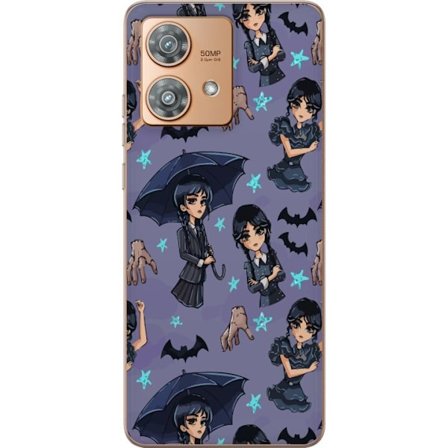 Kompatibel Mobilcover til Motorola Edge 40 Neo Onsdag Addams plakat tegneserie lilla baggrund flagermus hånd Ting gotisk sød Netflix-serie design