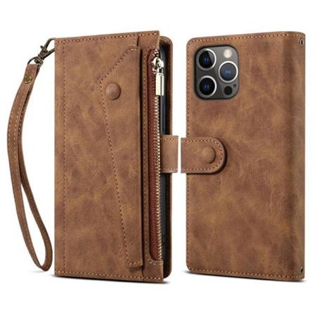 Iphone 14 Pro Plånboksfodral Flap Zipper Strap - Brun