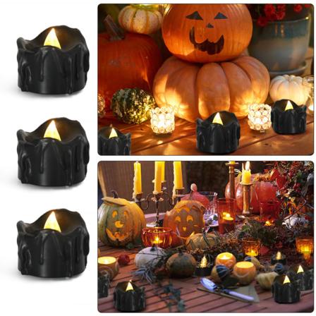 12-pakks LED-lys (svart), flammefri telys, flimrende elektriske lys, innendørs og utendørs stemningsdekorasjon for Halloween, bryllup, fester (3) F