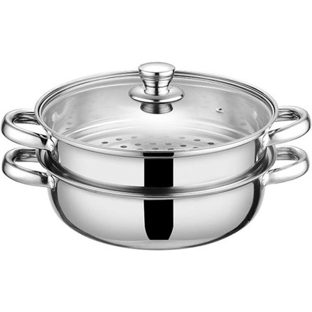 Dampkoker rustfritt stål 28 cm med lokk 2 lag multifunksjonell dampkoker for grønnsaker dumplings pasta og lapskaus (18/8 rustfritt stål induksjon)