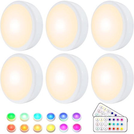 Skab Lys, Trådløs 16-farvet RGB LED Natlys, LED Trappe Lys og Spil Lys med 2 Fjernbetjeninger og Timing Funktion, 6-pakning