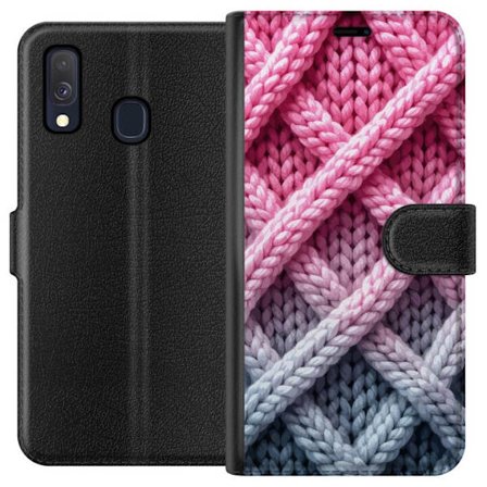 Kompatibel Tegnebogsetui til Samsung Galaxy A40 Nærbillede af vævet tekstilmønster i nuancer af lyserød, grå og hvid med taktil struktur