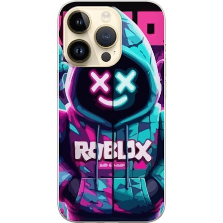 Kompatibel Mobilcover til Apple iPhone 15 Pro Roblox neon hættegenser close-up med intensiv close-up af kostume karakter i pink og blå neon lys, der g