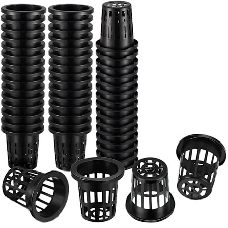 100-pack 1,77 tum nätkoppar med slitsat nät, bred kant, filter, växtnätkruka, hink, korg för hydroponik