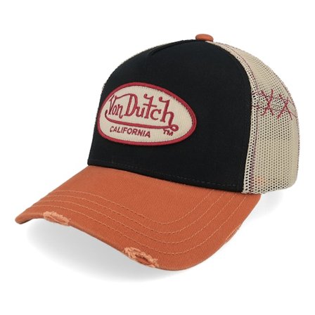Von Dutch - Svart trucker Caps - Oval Patch Distressed White/Black/Orange A-Frame Trucker @ Hatstore