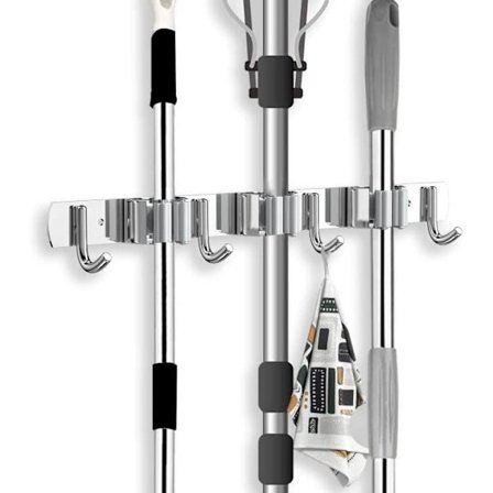 Vægmonteret kosteskaft til fastgørelse i rustfrit stål, vægmonteret kosteholder uden boring med 3 holdere og 4 kroge, vægmonteret kosteholder til 