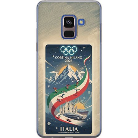 Kompatibelt Mobildeksel til Samsung Galaxy A8 (2018) Skiskytterillustrasjon med skiløper som sikter med gevær på en snødekt løype, teksten Milano Cort