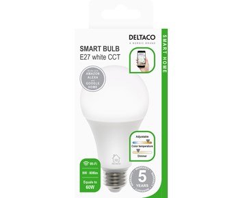 Deltaco Smart E27 Vit, WiFi, 9W, 2700K-6500K, dimbar - Smart LED-lampa, kall- och varmvit, E27 sockel