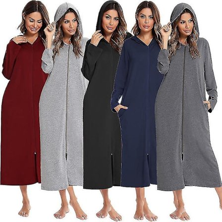 Lang badekåbe med hætte til kvinder, badekåbe med lynlås, fuld længde, ensfarvet rød