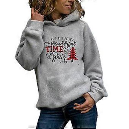 Lös fleecehoodie för damer, avslappnad långärmad tröja med nedhasad axel, jultröja med grafik, grå L