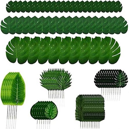 96 st Konstgjorda Tropiska Blad 8 Typer av Djungelblad Blandade Storlekar Tropiska Palmblad Djungeltema Festbord Bladdekorationer För Hawaiian B