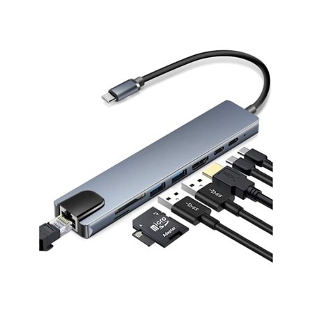 8-Port USB-C Hubb med USB, PD, HDMI, RJ45, Minneskort och 100 Mbps Nätverksport