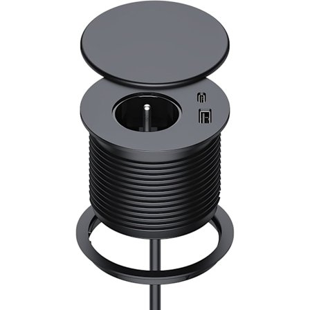 Indbygget Strømstik, Indbygget Strømstik med 1 Stikkontakt, 1 USB C Port, 1 USB A Port, 75mm Diameter, 1.5M Kabel, Skrivebords Stikkontakt til Køkken,