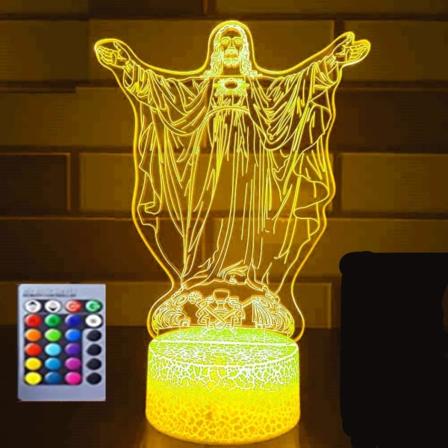 WJ 3D Jesus Cross nattlys Lampe illusjon nattlys 16 farge skiftende bord skrivebordsdekorasjonslamper gave med akryl flat ABS base USB-kabel leketøy