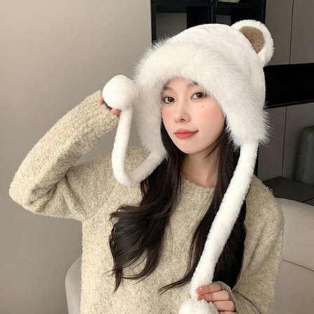 Fuskepelsbeanies Lue Katteøre strikket lue HVIT