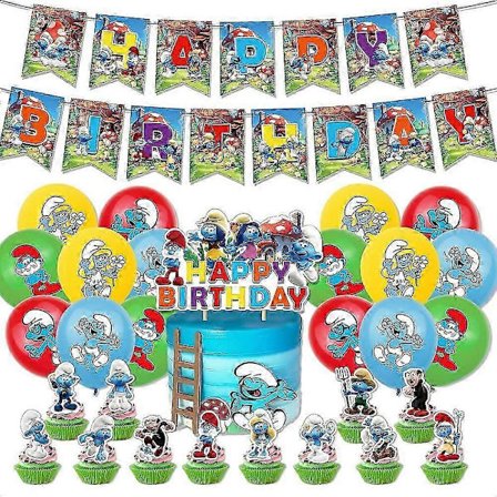 Smurffit-teemainen syntymäpäiväjuhlatarvikkeet Ilmapallot Pakkaus Banneri Kakku Cupcake Toppers Koristesetti