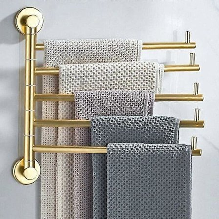 Pyörivä pyyheteline, seinään kiinnitettävä pyyheteline, liimattava, kokoontaitettava, poraamaton alumiininen kylpyhuoneen pyyheteline – kulta, viisi 