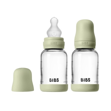 BIBS Glass Baby Bottle Round Silicone 2-Pak Sage 120 ml Slow Flow, Børn & Forældre, Sutteflasker & Tilbehør, Sutteflasker