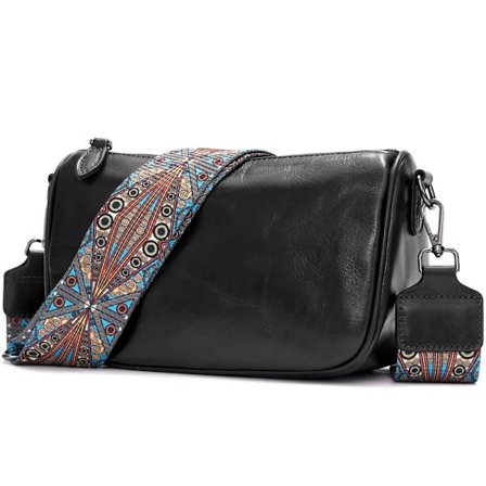 Læder crossbody taske til kvinder: Lille, bærbar autentisk crossbody taske med bred skulderrem (sort)