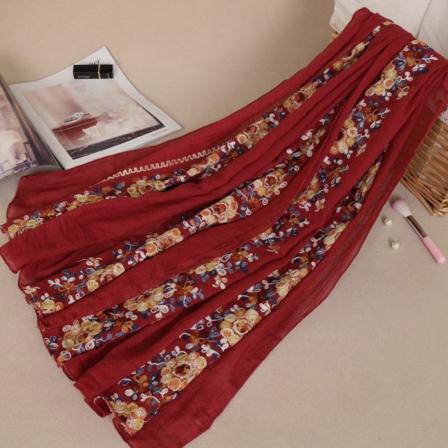 Damsjal sjal 2022 vår och höst bomullsbroderi Varmt solskydd 3# wine red 180-90cm