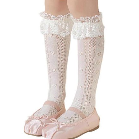 Urholkade Knähöga Strumpor Halkfria Mellanhöga Strumpor Vår Mjuka Tunna Strumpor Barn Fisknätsstrumpor Spets Hjärta Strumpor Vita