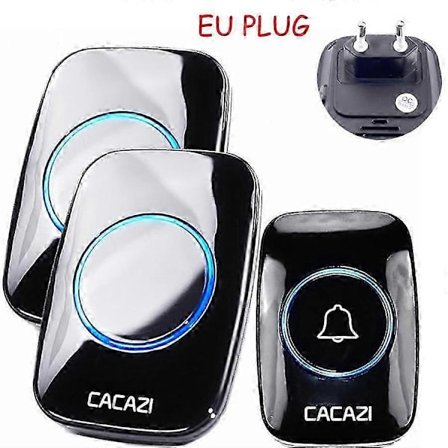 CACAZI Trådløs Dørklokke Vandtæt 300M Fjernbetjening EU Stik smart Dørklokke batteri 1 knap 2 modtager sort