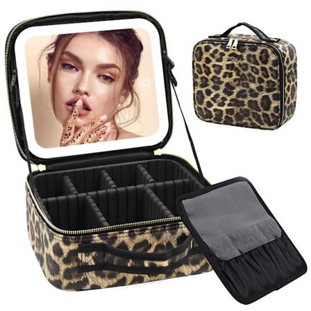 Makeup-väska Resväska Toalettväska Leopard PU Läder Makeup-väska Organizer med Justerbara Avdelare Dam Toalettväska