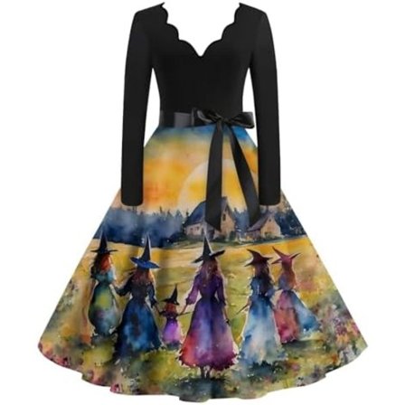 BTBDYDH Halloween Klänning Retro Långärmad V-ringad Klänning Utsvängd Vintage Hepburn Klänningar Pumpa Fladdermus Häxa Tryckt Cosplay Party Kostym 