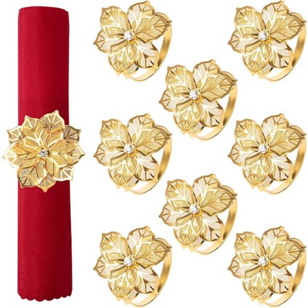 Servietringe - Guldblomstservietholdere med servietklemmer i metal, perfekt til festlige middage, bryllupsbordsdekorationer (8-delt sæt)