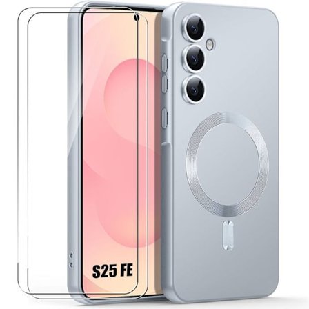 Siliconehus - BOOLING - för Samsung Galaxy S25 FE - med Magnetring - 2 Glas - Silver