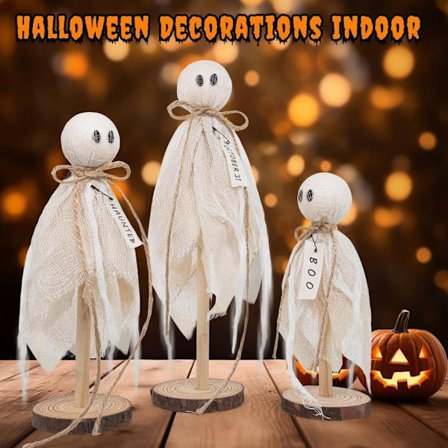 3-pack Träspökdekoration – Halloween Dekoration Rustika Figurer för Hylla, Bord & Spökfest_OF
