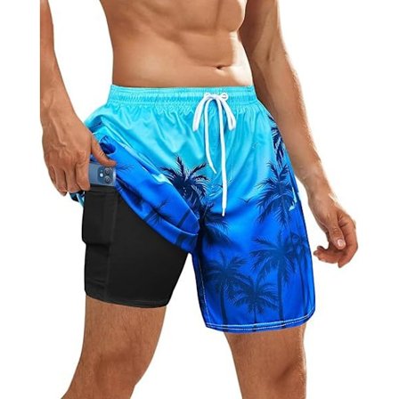 Badbyxor för män med kompressionsfoder, strandshorts, snabbtorkande badshorts, baddräkt med dragkedja - storlek L