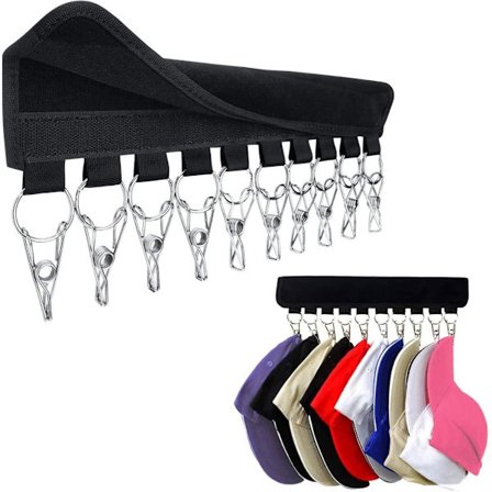 Alt-i-ett baseballcapsholder - 10 klips i rustfritt stål - svart