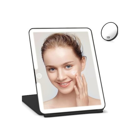 Stort LED Makeupspejl med 10x Forstørrelse - Bærbart Fladt Vanity Spejl