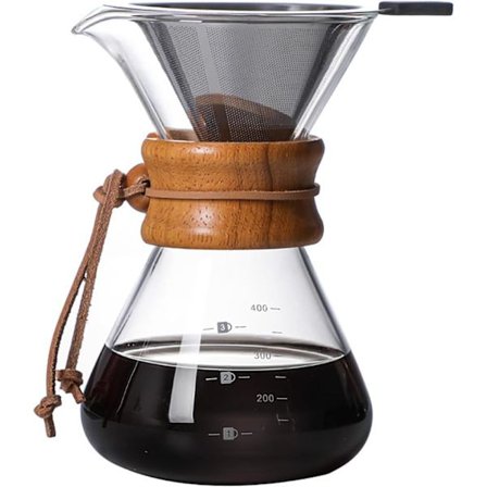 Dobbeltlagsfilter kaffetrakter i rustfritt stål, 400 ml dryppkaffetrakter, høyt varmebestandig glass vannflaske