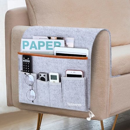 Organizer för armstöd på soffa, sängväska för upphängning, filt hängande organizer väska med 5 fickor för soffa, stol, säng, sängräcke, skrivbord