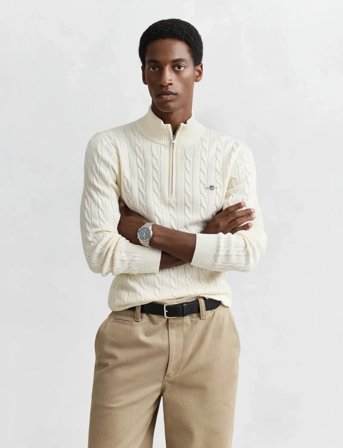 GANT Cotton Cable Half Zip - Cream - XL