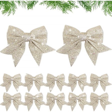 12 stk. Champagne Sløyfer for Juletrepynt Glitter Dekorativ Sløyfe for Champagne Juletrepynt Ornamenter (Champagne)