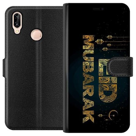 Kompatibelt Lommeboketui til Huawei P20 lite Gyldent Ramadan-motiv med dekorativ typografi, lykter, halvmåne og stjerner på en mørk bakgrunn