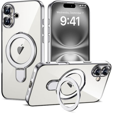 Kompatibelt med iPhone 16 Plus Skal med Magnetisk Ringstativ [Kompatibelt med Mag-Safe] [Fullständigt Kameralinsskydd] Pläterad Klar Ph