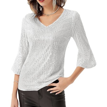 Kvinnor Glitter Sequin Tank T-shirt 3/4 Puffed Sleeve V-ringad blus topp