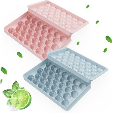 Rund isterningbakke med låg - 66 isboldforme, let at løsne til whisky og cocktails (blå+pink)