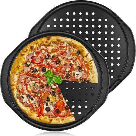 2 stk. 14-tommers pizzabakker til ovn Non-stick pizzapander Runde perforerede pizzaovnsbakker Bageplade af kulstofstål med håndtag, sort