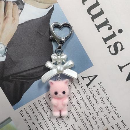 Kawaii 3D Flocking Cat avaimenperä sarjakuva Bowknot Bear avaimenperä Ba A2