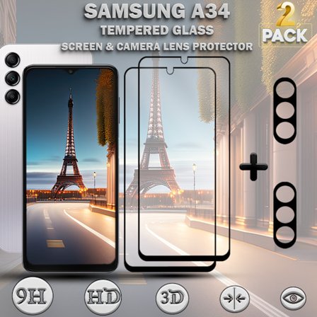 2-Pack SAMSUNG A34 Skærmbeskyttelse & 2-Pack linsebeskyttelse - Hærdet Glas 9H - Super kvalitet 3D