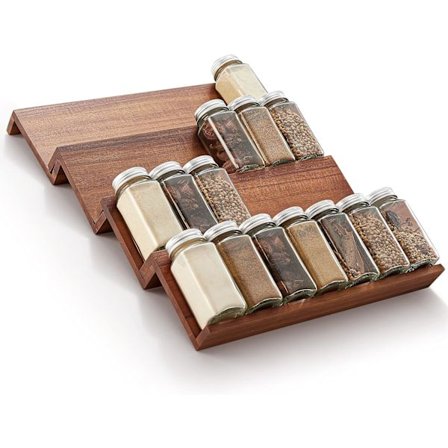 KCVV Krydderhylle Skuff - 4 Nivåer - Passer for 30 Krydderglass - Krydderoppbevaringsskuff - Kjøkkenskuff - Krydderhylle - Tre