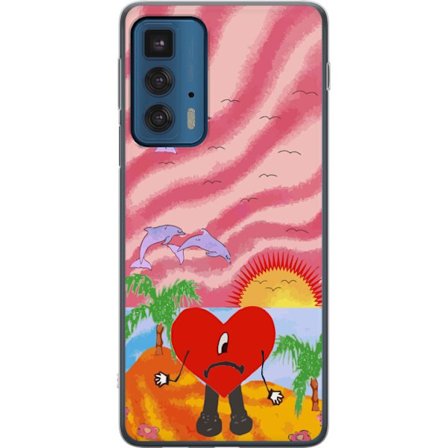 Kompatibelt Mobildeksel til Motorola Edge 20 Pro Bad Bunny i en fargerik quiltet jakke med hjertemønster og solbriller i moderne gatestil