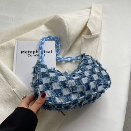 Uformell skulder underarm bag rutete mønster utskrift denim veske