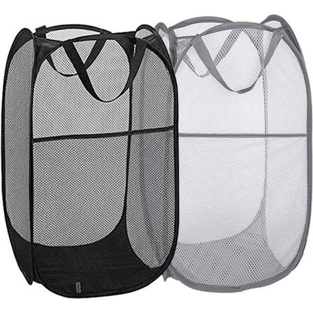 Pop Up Vasketøjskurve, Sammenklappelige Vasketøjskurve i Mesh til Hjemmet, Kollegiet, Rejser, Bærbare Vasketøjskurve, Pakke med 2 (Sort + Grå)